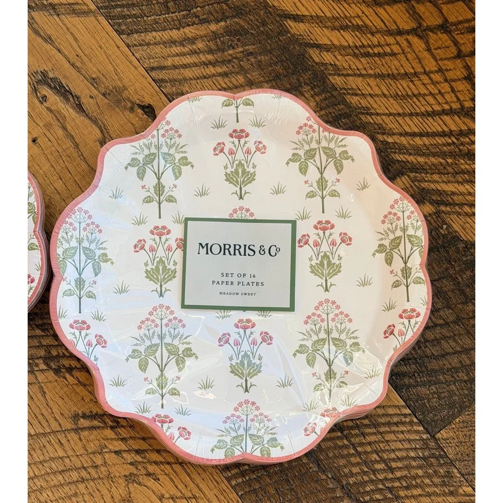 Morris‎ & Co Meadow Sweet 32 Paper Plates Scalloped Floral 10 Inch Pink Green